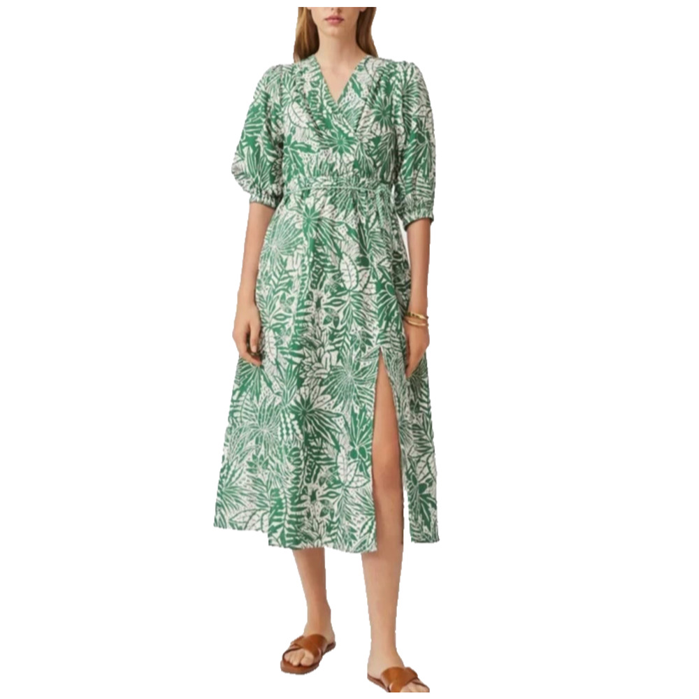 Suncoo Paris Robe Cotty Green Dress Floral Leaf Pattern Boho Beach (2-4) S